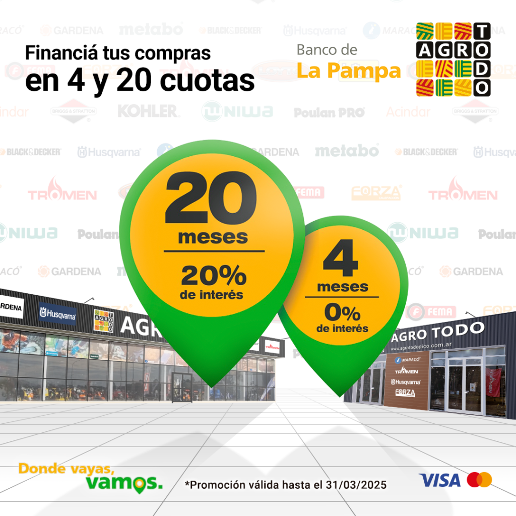 AgroTodo – Promoción con Banco de La Pampa: 4 cuotas sin interés y 20% cuotas con 20% de interés